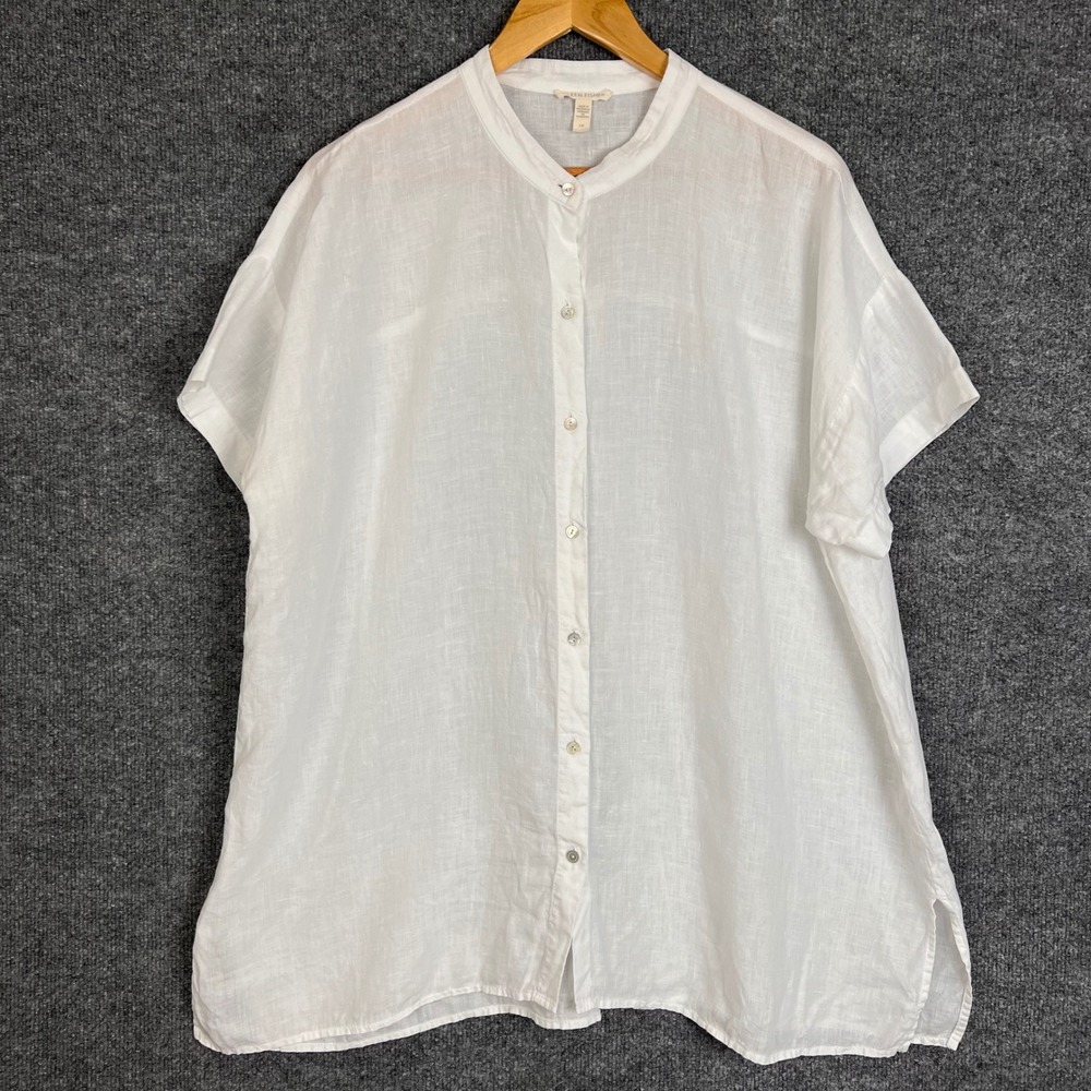 Eileen Fisher Linen Button Up Women L White Short Sleeve Band Collar